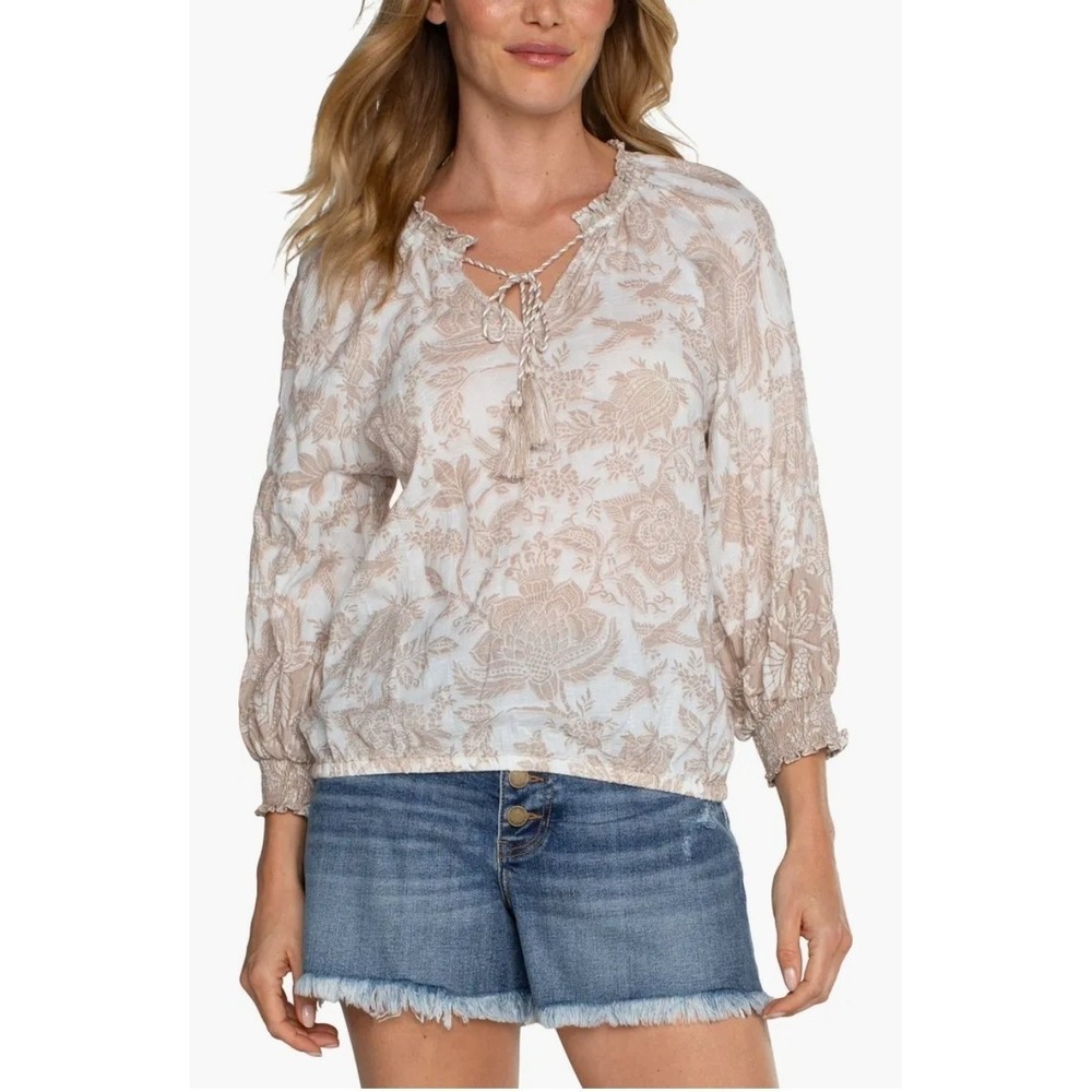 Liverpool Los Angeles Top Sz S Tie Neck Balloon Sleeve Blouse Botanical Birds